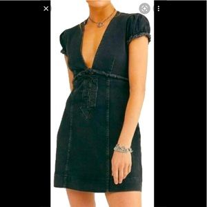 FREE PEOPLE Grey Denim Lace Up Mini Dress Sz L